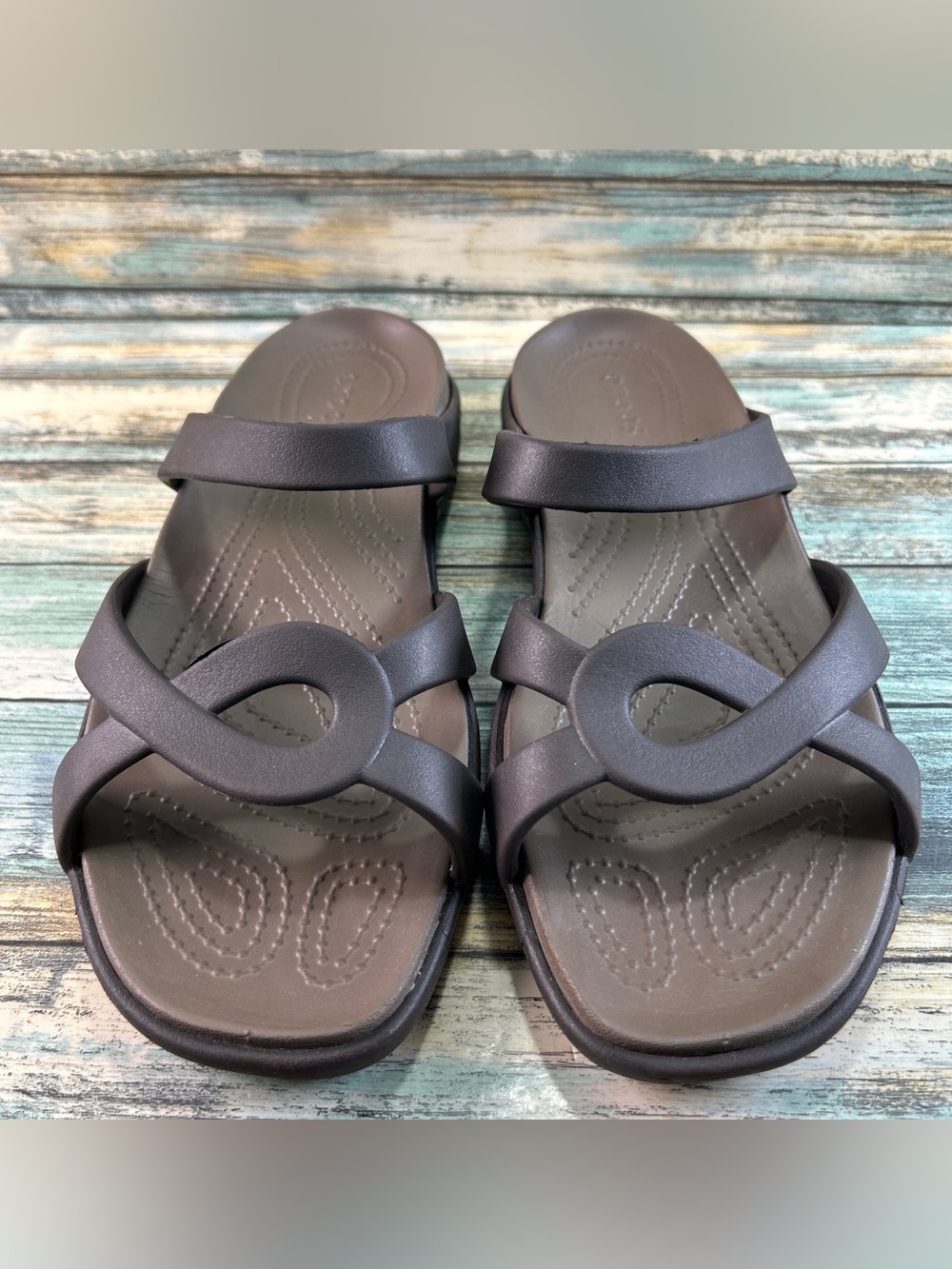 Crocs Meleen Sandals Womens Size 11 Brown Rubber Slides Slip On Wedge Casual